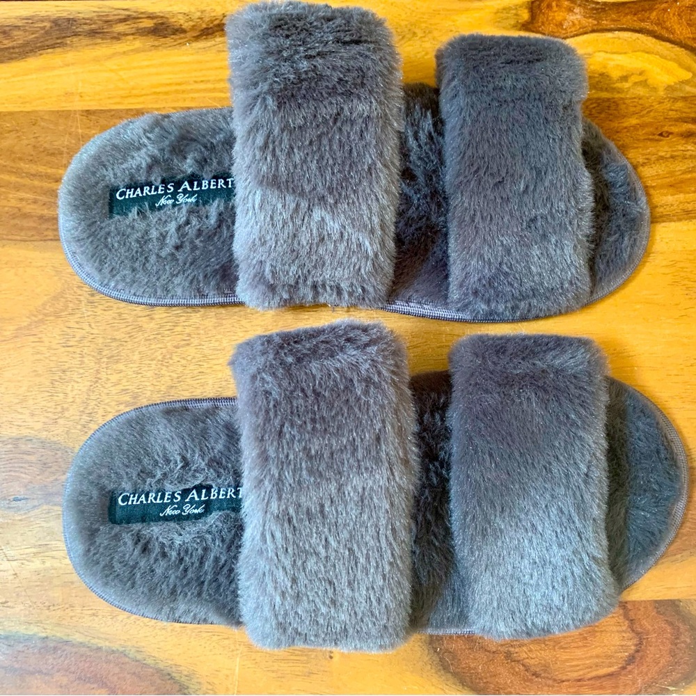 Charles Albert New York Gray Faux Fur Slippers